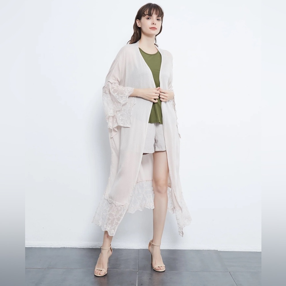 NWT Anna-Kaci California Long Lace Kimono Cardigan Latte Size Small